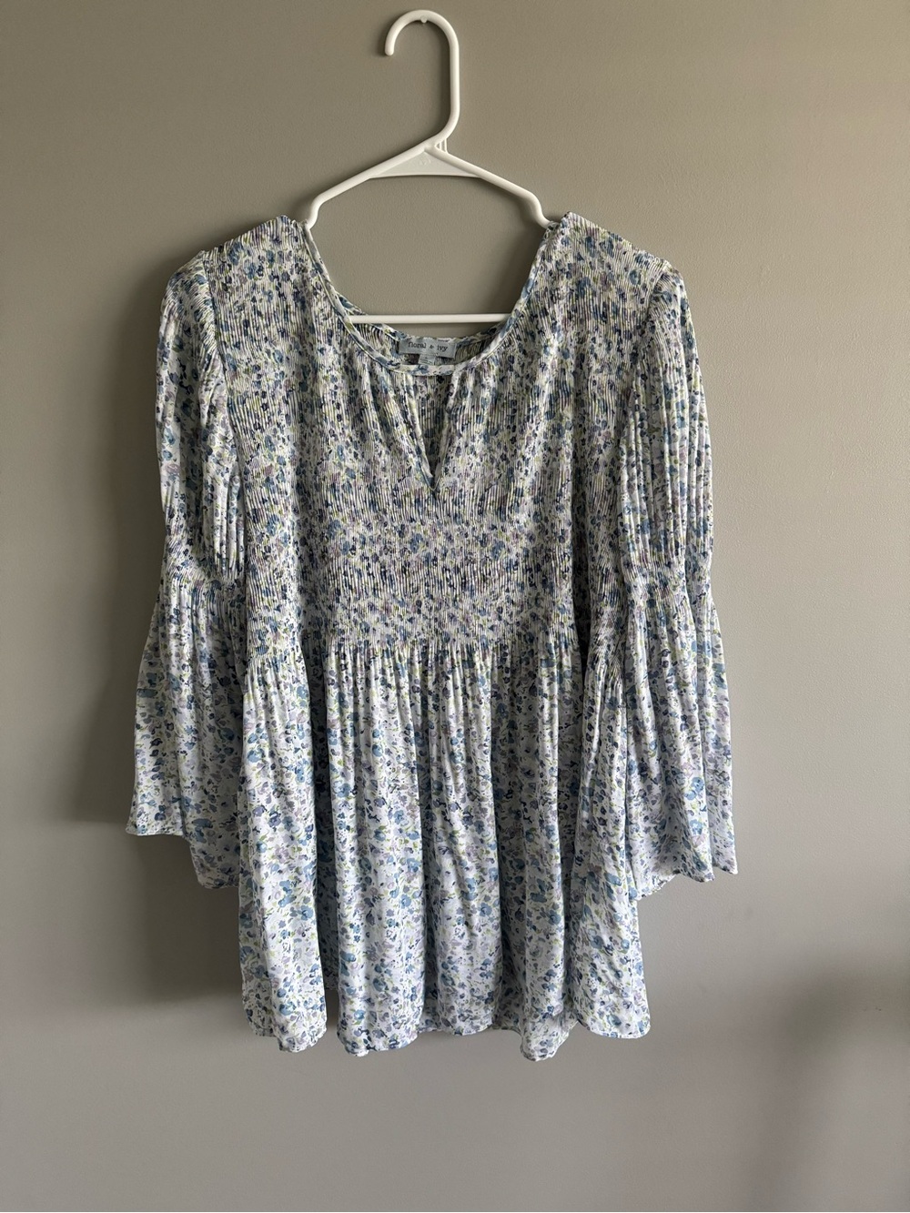Floral and Ivy Boho Smocked Floral Peasant Top — Light Blue